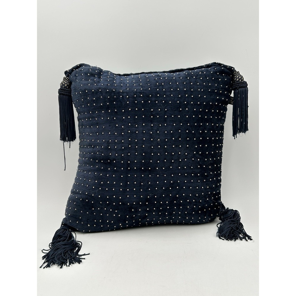 BORGATA Velvet Throw Pillow Blue with Gold Beads and Tassles **READ**